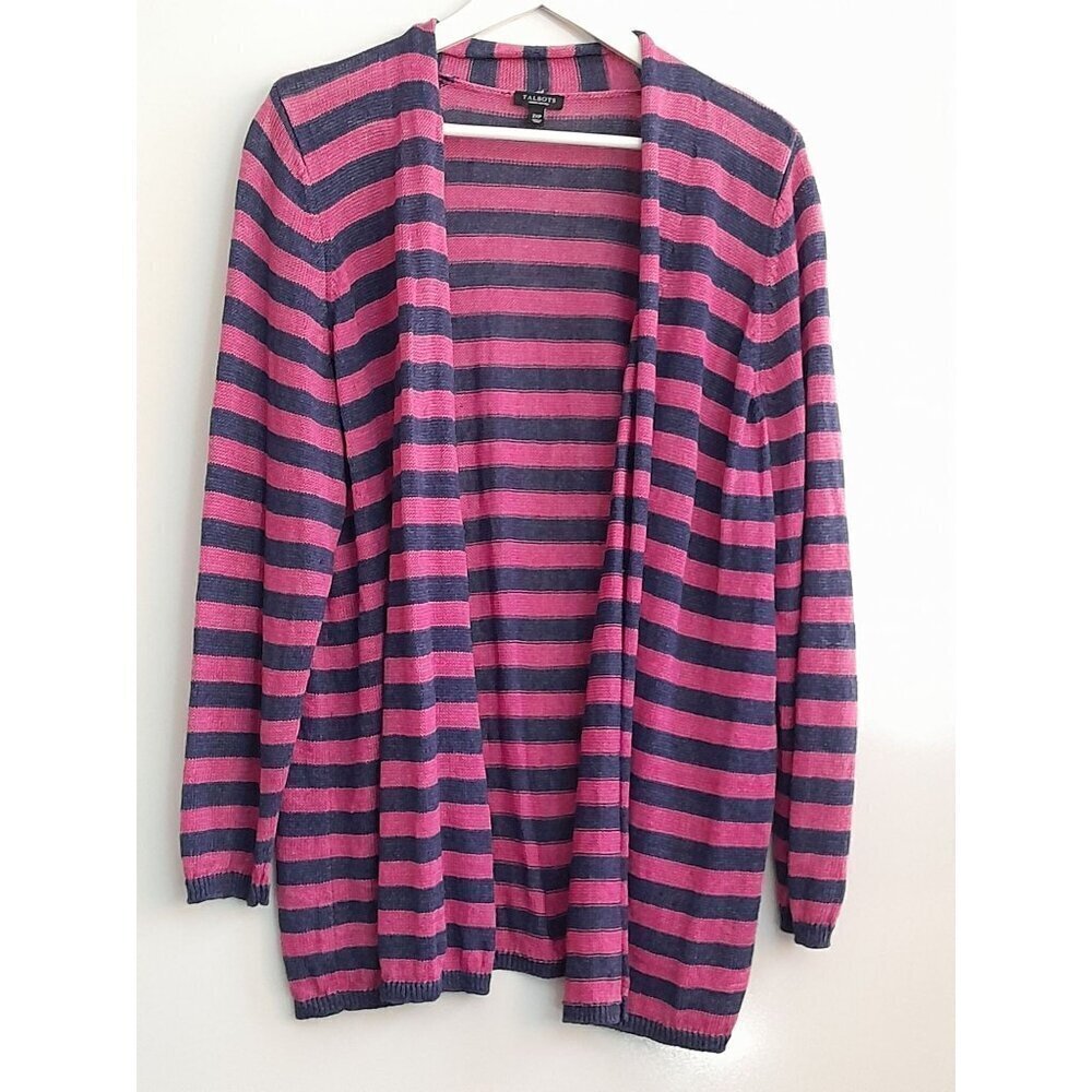 Talbots 100% Linen Striped Open Cardigan Purple-ish Blue & Pink Size 2XP